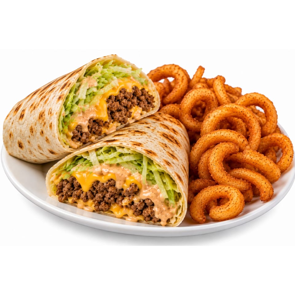 Two beef, cheese, lettuce, and sauce-filled tortillas served with seasoned curly fries on a white plate.