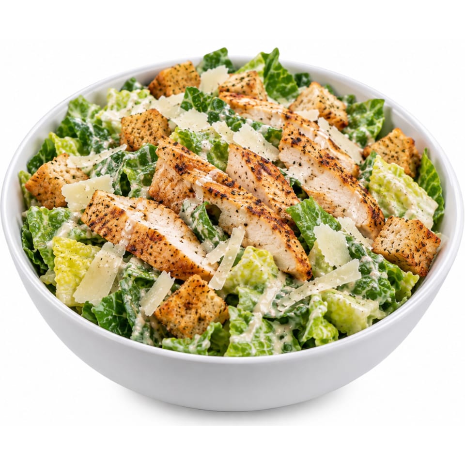 Grilled chicken Caesar salad with romaine lettuce, creamy dressing, Parmesan shavings, and seasoned croutons in a white bowl.