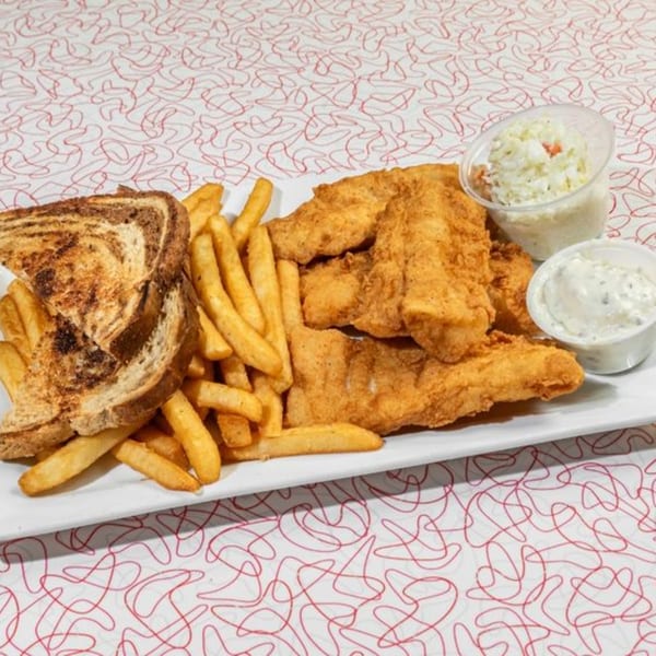 Big Boy Wisconsin Dells' fried fish, french fries, toasted bread, coleslaw, and tartar sauce.