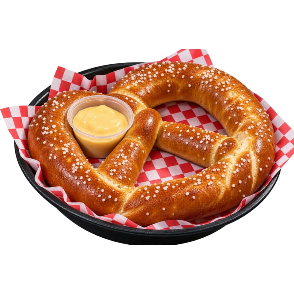 Salted soft pretzels arranged in a black basket with red checkered liner and a cup of cheese dipping sauce.