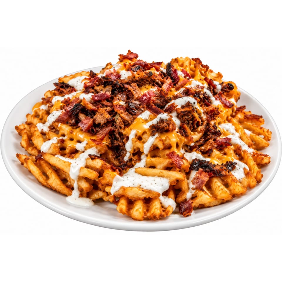Loaded plate of waffle fries topped with melted cheese, white sauce, crispy bacon, and seasoned shredded meat.
